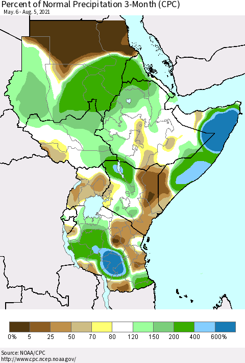 Eastern Africa Percent of Normal Precipitation 3-Month (CPC) Thematic Map For 5/6/2021 - 8/5/2021