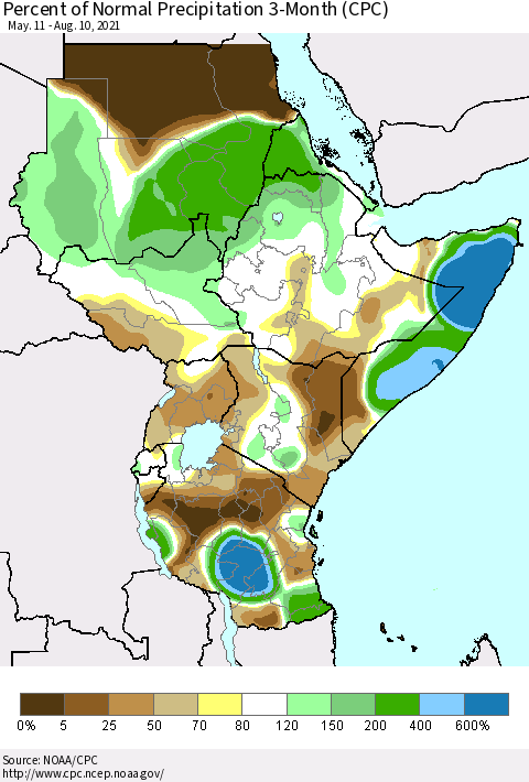 Eastern Africa Percent of Normal Precipitation 3-Month (CPC) Thematic Map For 5/11/2021 - 8/10/2021