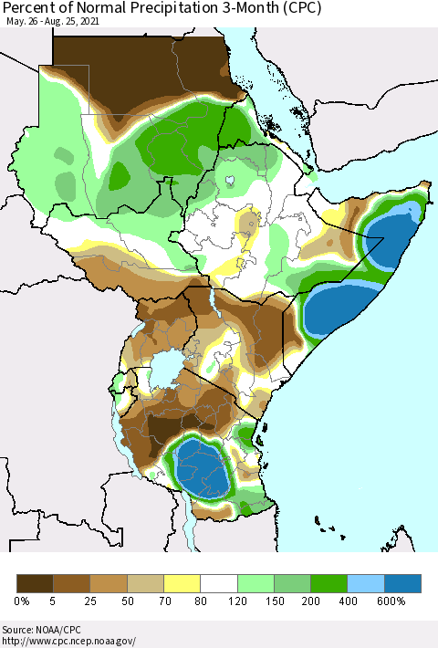Eastern Africa Percent of Normal Precipitation 3-Month (CPC) Thematic Map For 5/26/2021 - 8/25/2021