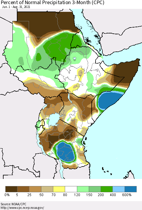Eastern Africa Percent of Normal Precipitation 3-Month (CPC) Thematic Map For 6/1/2021 - 8/31/2021