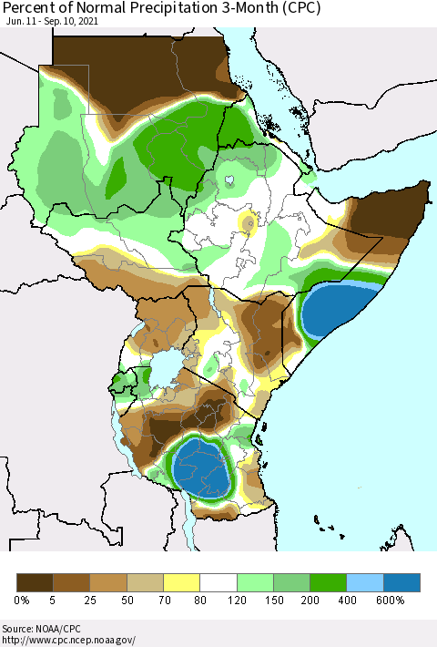 Eastern Africa Percent of Normal Precipitation 3-Month (CPC) Thematic Map For 6/11/2021 - 9/10/2021
