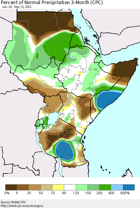 Eastern Africa Percent of Normal Precipitation 3-Month (CPC) Thematic Map For 6/16/2021 - 9/15/2021