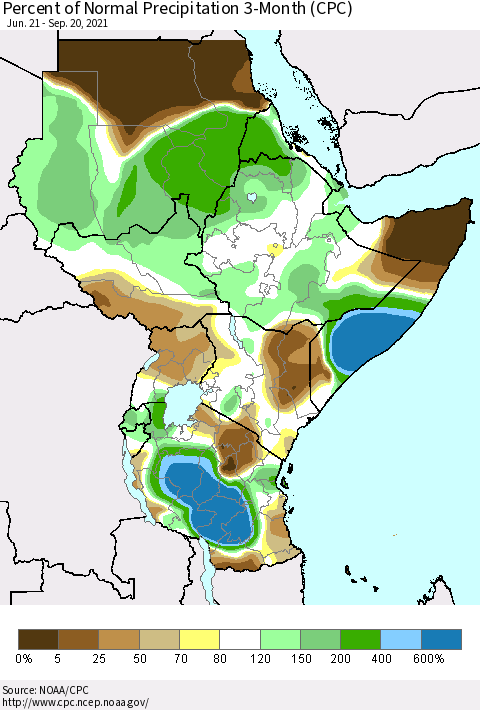 Eastern Africa Percent of Normal Precipitation 3-Month (CPC) Thematic Map For 6/21/2021 - 9/20/2021