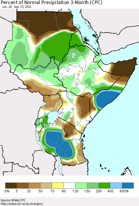 Eastern Africa Percent of Normal Precipitation 3-Month (CPC) Thematic Map For 6/26/2021 - 9/25/2021