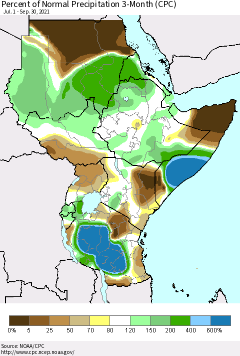 Eastern Africa Percent of Normal Precipitation 3-Month (CPC) Thematic Map For 7/1/2021 - 9/30/2021