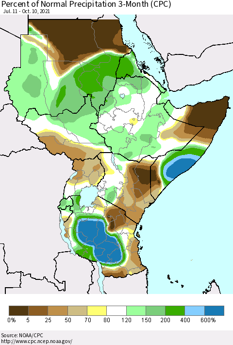 Eastern Africa Percent of Normal Precipitation 3-Month (CPC) Thematic Map For 7/11/2021 - 10/10/2021