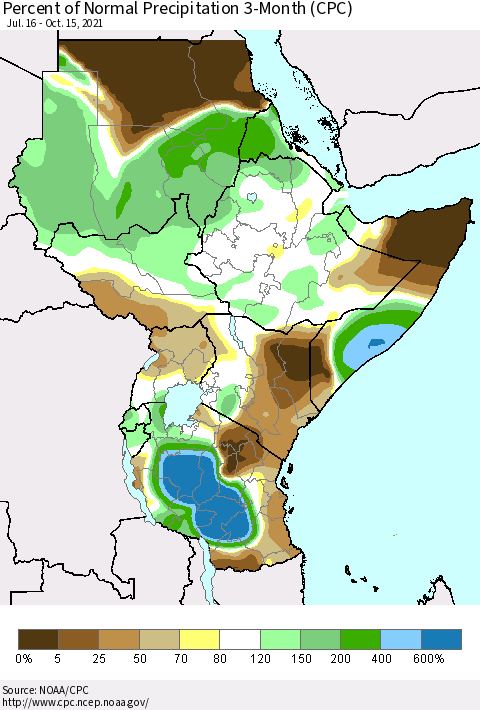 Eastern Africa Percent of Normal Precipitation 3-Month (CPC) Thematic Map For 7/16/2021 - 10/15/2021