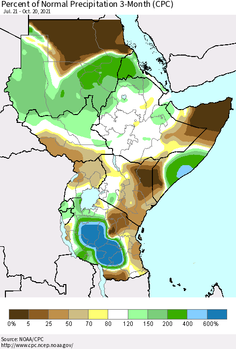Eastern Africa Percent of Normal Precipitation 3-Month (CPC) Thematic Map For 7/21/2021 - 10/20/2021