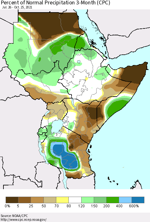 Eastern Africa Percent of Normal Precipitation 3-Month (CPC) Thematic Map For 7/26/2021 - 10/25/2021