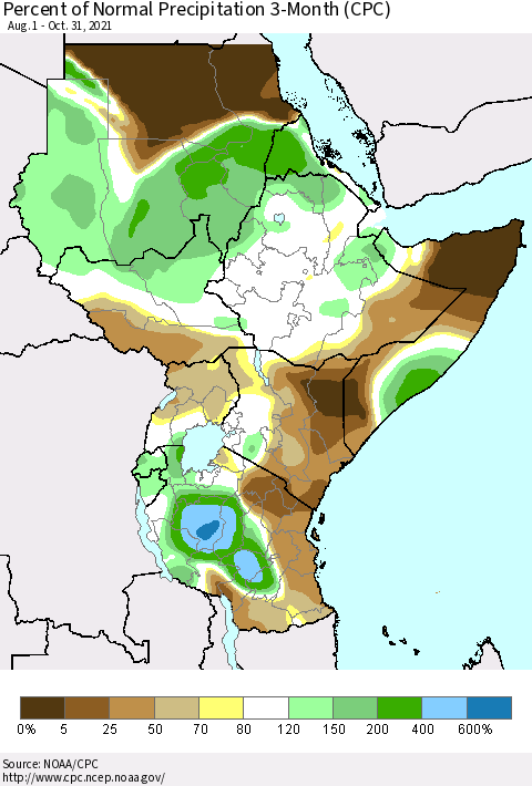 Eastern Africa Percent of Normal Precipitation 3-Month (CPC) Thematic Map For 8/1/2021 - 10/31/2021