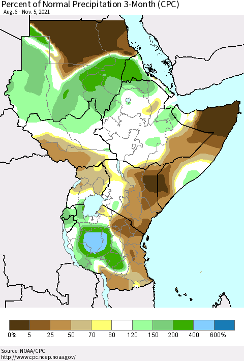 Eastern Africa Percent of Normal Precipitation 3-Month (CPC) Thematic Map For 8/6/2021 - 11/5/2021