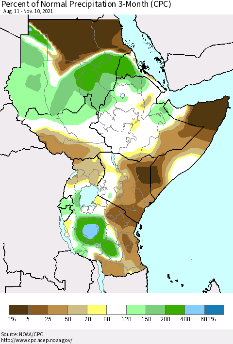 Eastern Africa Percent of Normal Precipitation 3-Month (CPC) Thematic Map For 8/11/2021 - 11/10/2021