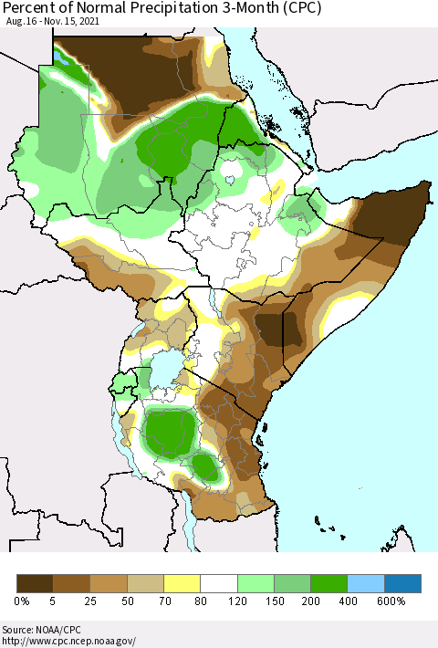 Eastern Africa Percent of Normal Precipitation 3-Month (CPC) Thematic Map For 8/16/2021 - 11/15/2021