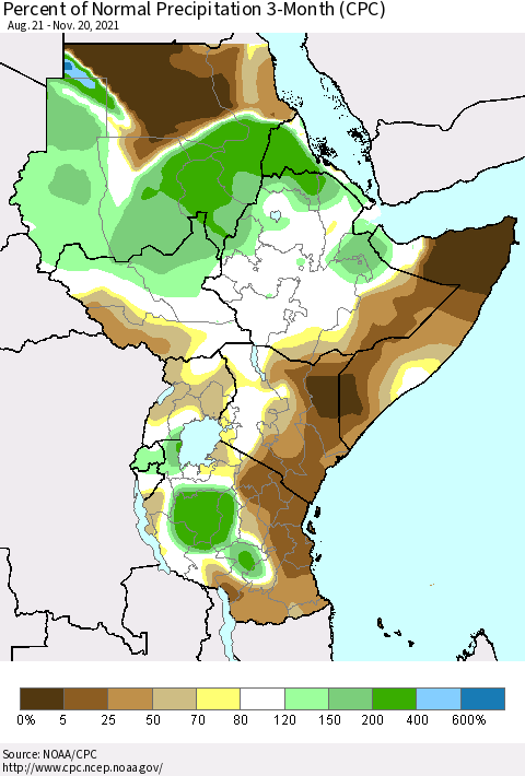 Eastern Africa Percent of Normal Precipitation 3-Month (CPC) Thematic Map For 8/21/2021 - 11/20/2021