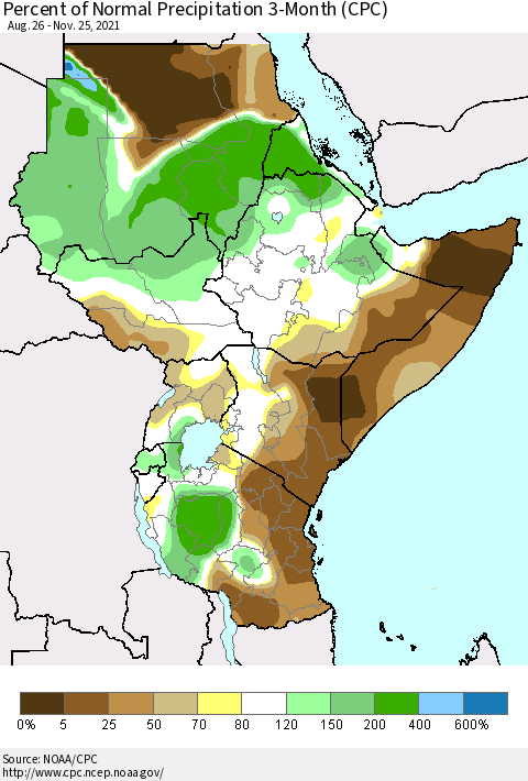 Eastern Africa Percent of Normal Precipitation 3-Month (CPC) Thematic Map For 8/26/2021 - 11/25/2021