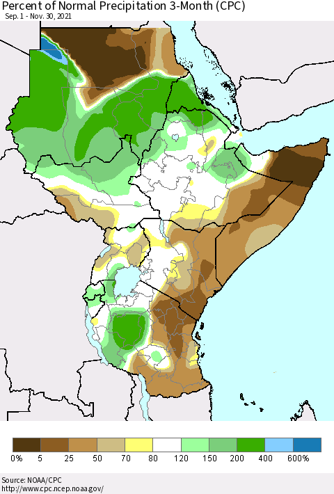 Eastern Africa Percent of Normal Precipitation 3-Month (CPC) Thematic Map For 9/1/2021 - 11/30/2021