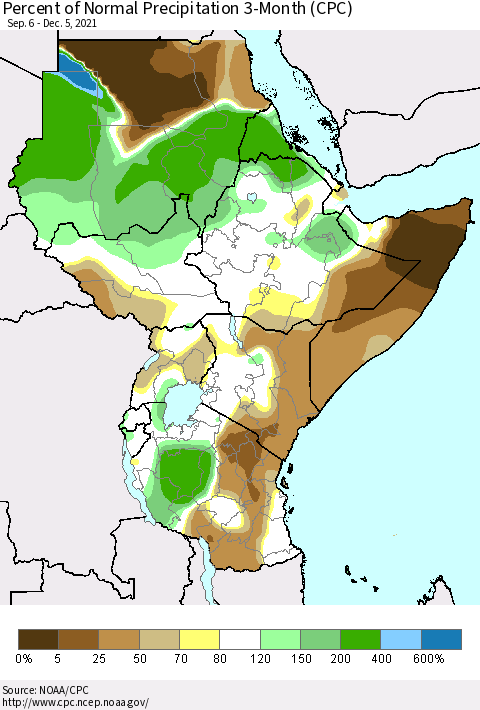 Eastern Africa Percent of Normal Precipitation 3-Month (CPC) Thematic Map For 9/6/2021 - 12/5/2021