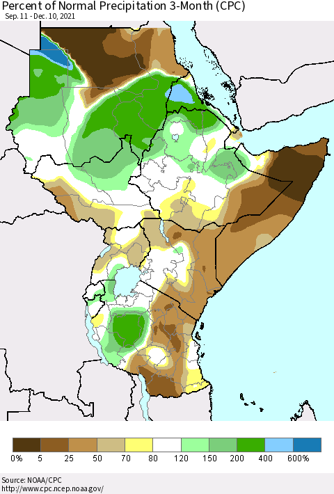 Eastern Africa Percent of Normal Precipitation 3-Month (CPC) Thematic Map For 9/11/2021 - 12/10/2021