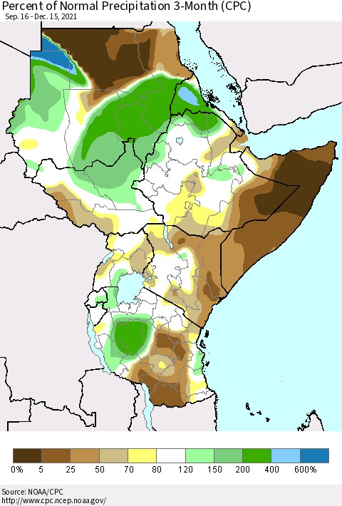 Eastern Africa Percent of Normal Precipitation 3-Month (CPC) Thematic Map For 9/16/2021 - 12/15/2021