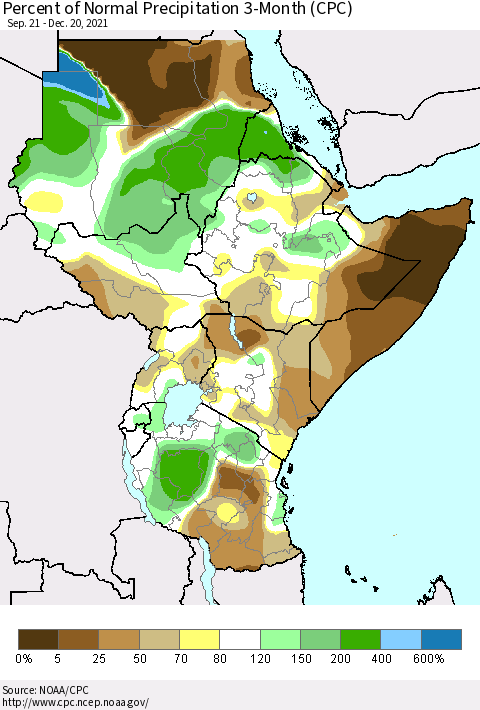 Eastern Africa Percent of Normal Precipitation 3-Month (CPC) Thematic Map For 9/21/2021 - 12/20/2021