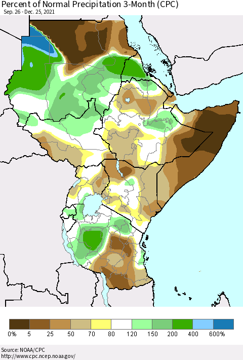 Eastern Africa Percent of Normal Precipitation 3-Month (CPC) Thematic Map For 9/26/2021 - 12/25/2021
