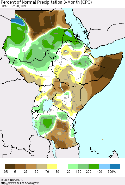 Eastern Africa Percent of Normal Precipitation 3-Month (CPC) Thematic Map For 10/1/2021 - 12/31/2021