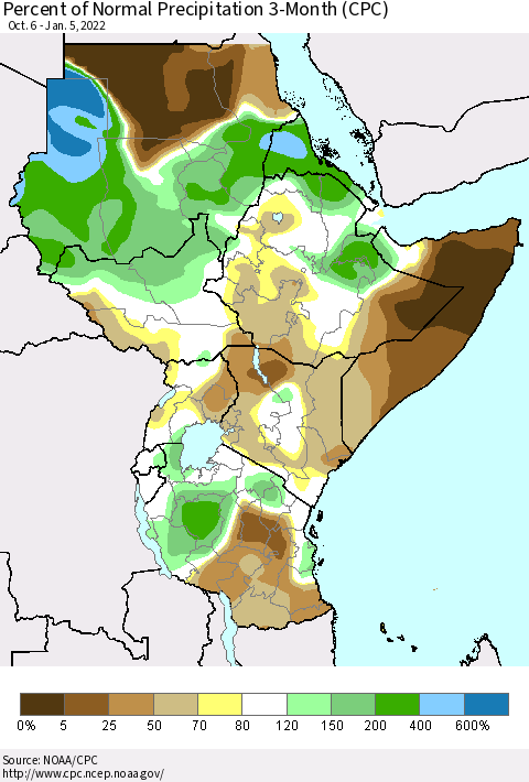 Eastern Africa Percent of Normal Precipitation 3-Month (CPC) Thematic Map For 10/6/2021 - 1/5/2022