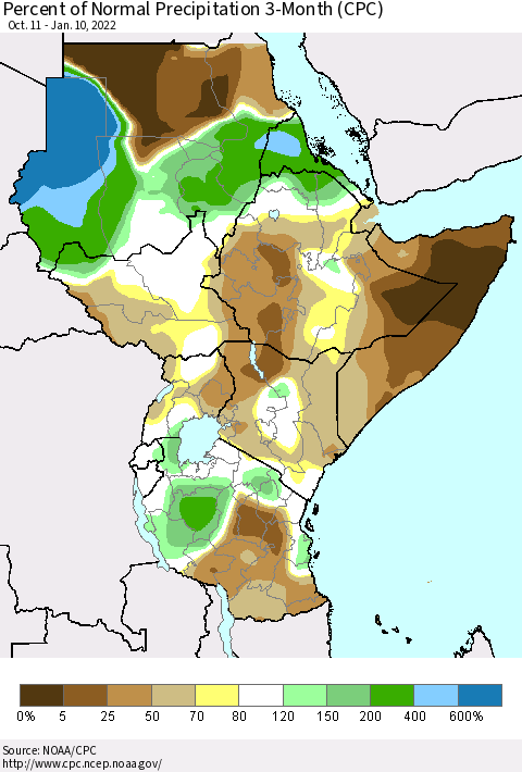 Eastern Africa Percent of Normal Precipitation 3-Month (CPC) Thematic Map For 10/11/2021 - 1/10/2022