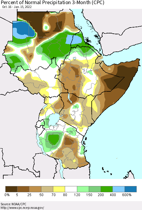 Eastern Africa Percent of Normal Precipitation 3-Month (CPC) Thematic Map For 10/16/2021 - 1/15/2022