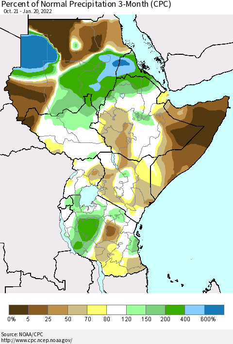 Eastern Africa Percent of Normal Precipitation 3-Month (CPC) Thematic Map For 10/21/2021 - 1/20/2022