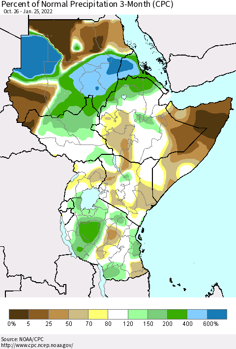 Eastern Africa Percent of Normal Precipitation 3-Month (CPC) Thematic Map For 10/26/2021 - 1/25/2022
