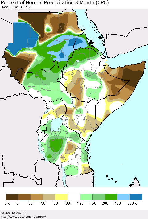 Eastern Africa Percent of Normal Precipitation 3-Month (CPC) Thematic Map For 11/1/2021 - 1/31/2022