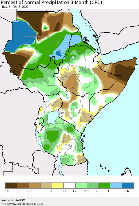 Eastern Africa Percent of Normal Precipitation 3-Month (CPC) Thematic Map For 11/6/2021 - 2/5/2022