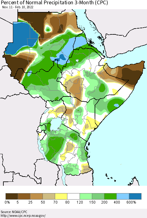 Eastern Africa Percent of Normal Precipitation 3-Month (CPC) Thematic Map For 11/11/2021 - 2/10/2022