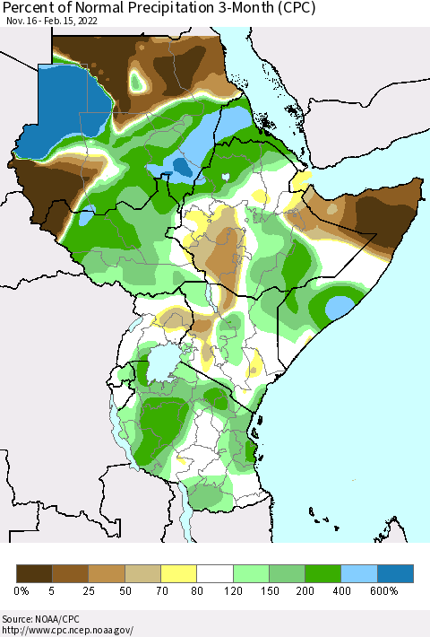 Eastern Africa Percent of Normal Precipitation 3-Month (CPC) Thematic Map For 11/16/2021 - 2/15/2022