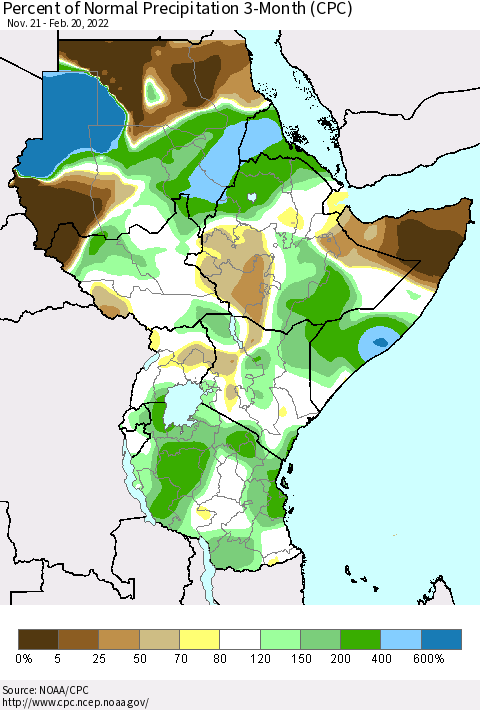 Eastern Africa Percent of Normal Precipitation 3-Month (CPC) Thematic Map For 11/21/2021 - 2/20/2022