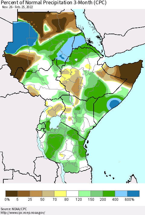 Eastern Africa Percent of Normal Precipitation 3-Month (CPC) Thematic Map For 11/26/2021 - 2/25/2022