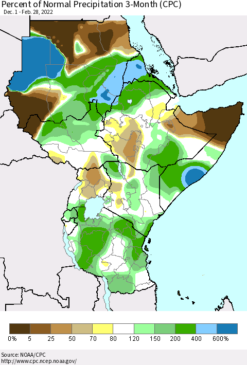 Eastern Africa Percent of Normal Precipitation 3-Month (CPC) Thematic Map For 12/1/2021 - 2/28/2022
