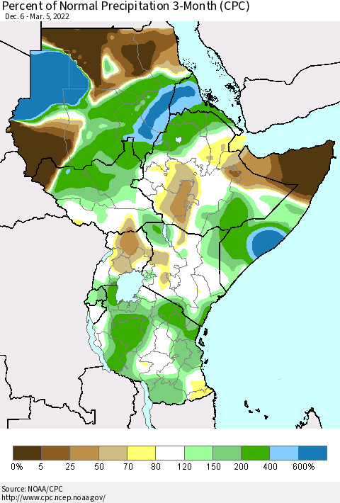 Eastern Africa Percent of Normal Precipitation 3-Month (CPC) Thematic Map For 12/6/2021 - 3/5/2022