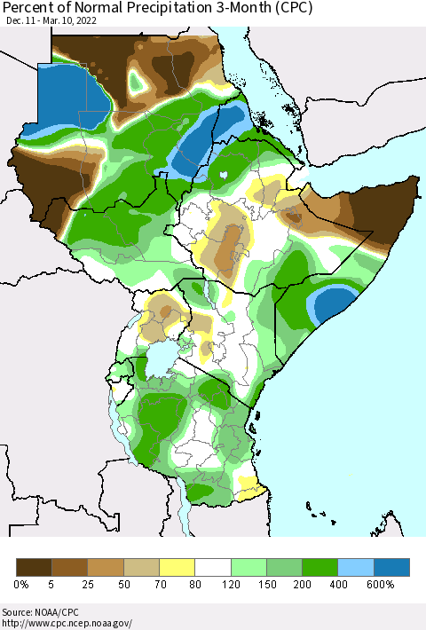 Eastern Africa Percent of Normal Precipitation 3-Month (CPC) Thematic Map For 12/11/2021 - 3/10/2022