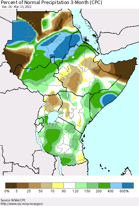 Eastern Africa Percent of Normal Precipitation 3-Month (CPC) Thematic Map For 12/16/2021 - 3/15/2022