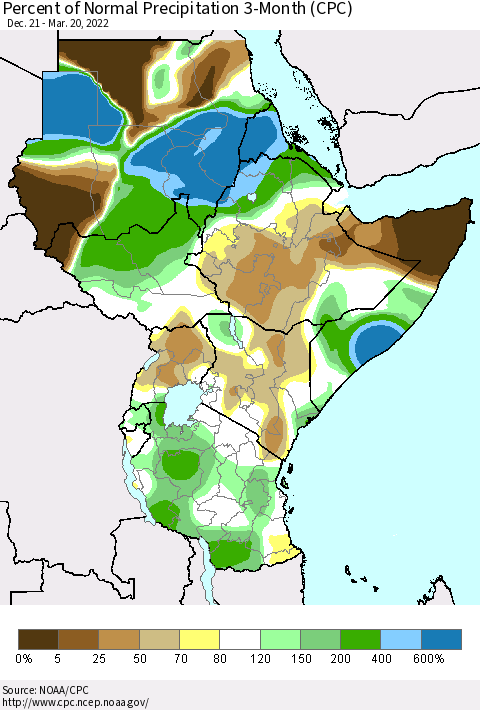 Eastern Africa Percent of Normal Precipitation 3-Month (CPC) Thematic Map For 12/21/2021 - 3/20/2022