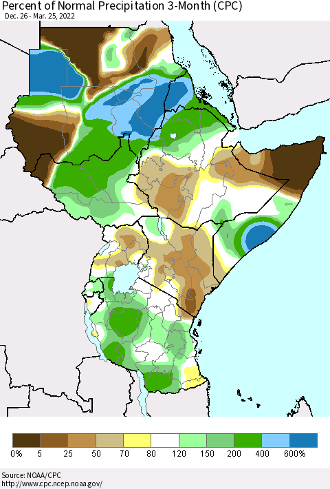 Eastern Africa Percent of Normal Precipitation 3-Month (CPC) Thematic Map For 12/26/2021 - 3/25/2022