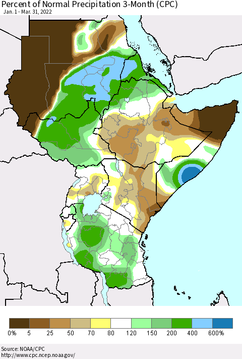 Eastern Africa Percent of Normal Precipitation 3-Month (CPC) Thematic Map For 1/1/2022 - 3/31/2022