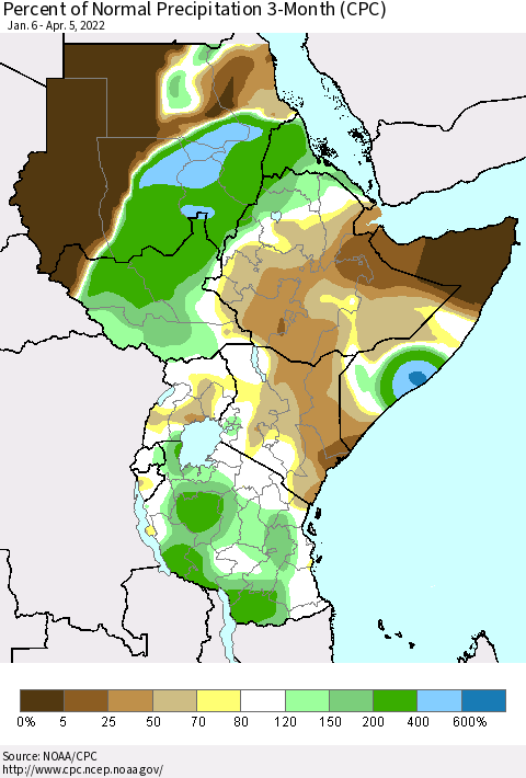 Eastern Africa Percent of Normal Precipitation 3-Month (CPC) Thematic Map For 1/6/2022 - 4/5/2022