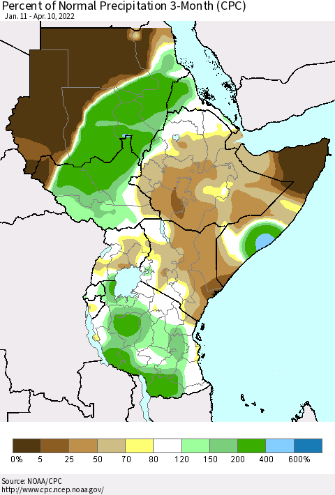 Eastern Africa Percent of Normal Precipitation 3-Month (CPC) Thematic Map For 1/11/2022 - 4/10/2022