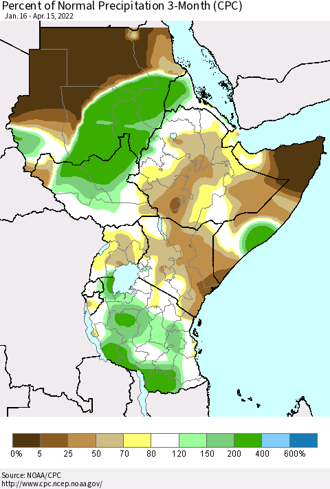 Eastern Africa Percent of Normal Precipitation 3-Month (CPC) Thematic Map For 1/16/2022 - 4/15/2022