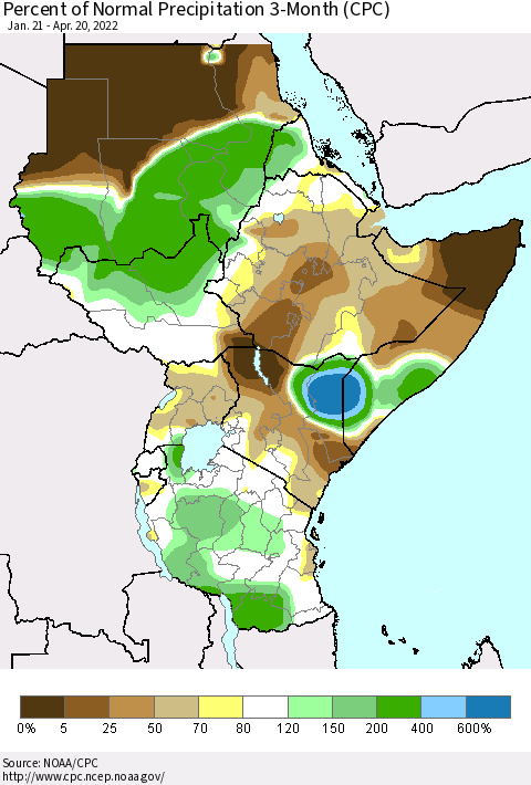 Eastern Africa Percent of Normal Precipitation 3-Month (CPC) Thematic Map For 1/21/2022 - 4/20/2022