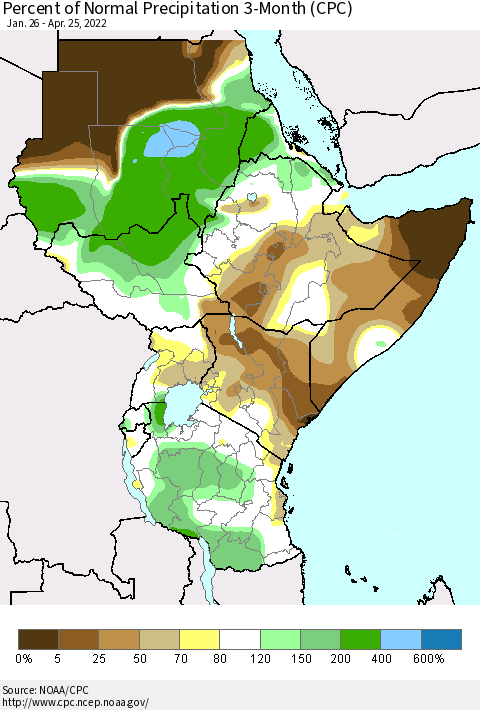 Eastern Africa Percent of Normal Precipitation 3-Month (CPC) Thematic Map For 1/26/2022 - 4/25/2022