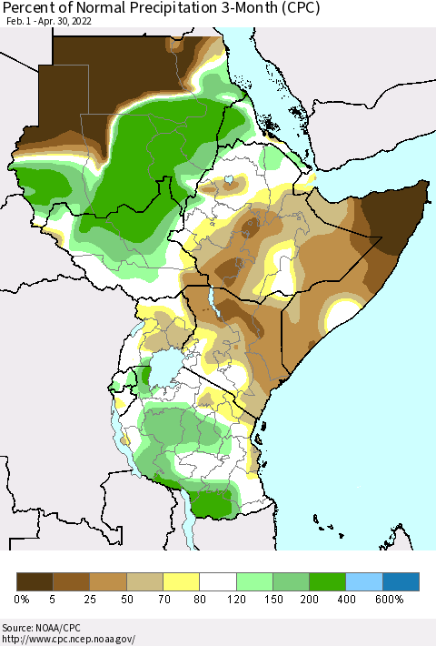 Eastern Africa Percent of Normal Precipitation 3-Month (CPC) Thematic Map For 2/1/2022 - 4/30/2022